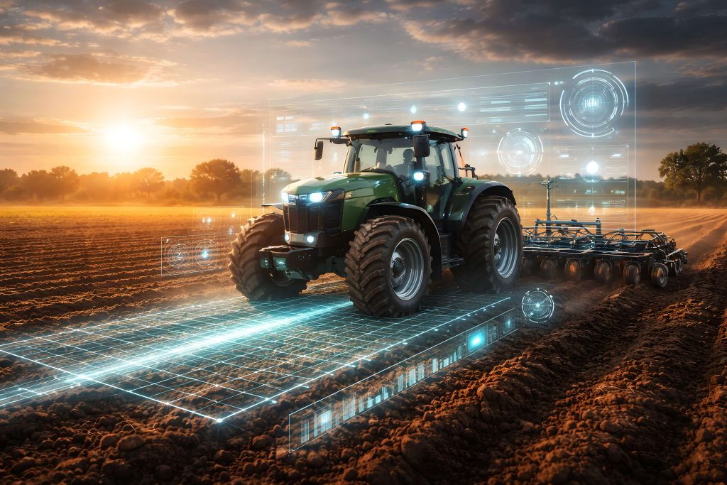 Tractor trabajando en el campo con tecnología digital y agricultura de precisión