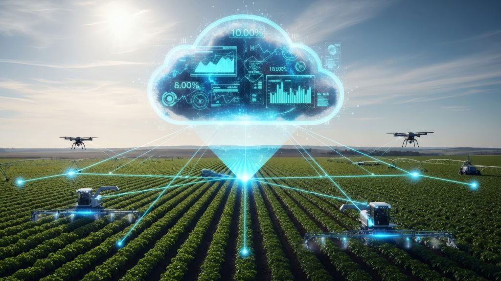 Agricultura conectada con nube de datos sobre un campo productivo